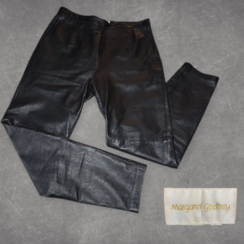 VTG‎ Margaret Godfrey Women's Leather Pants Darted High Rise Moto Biker Black 10